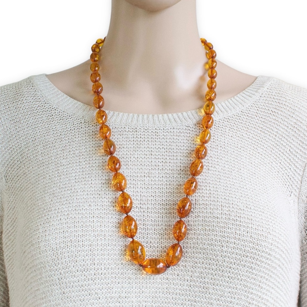 Vintage Baltic Amber Beaded Necklace Hand Knotted Oval Beads 29” Long